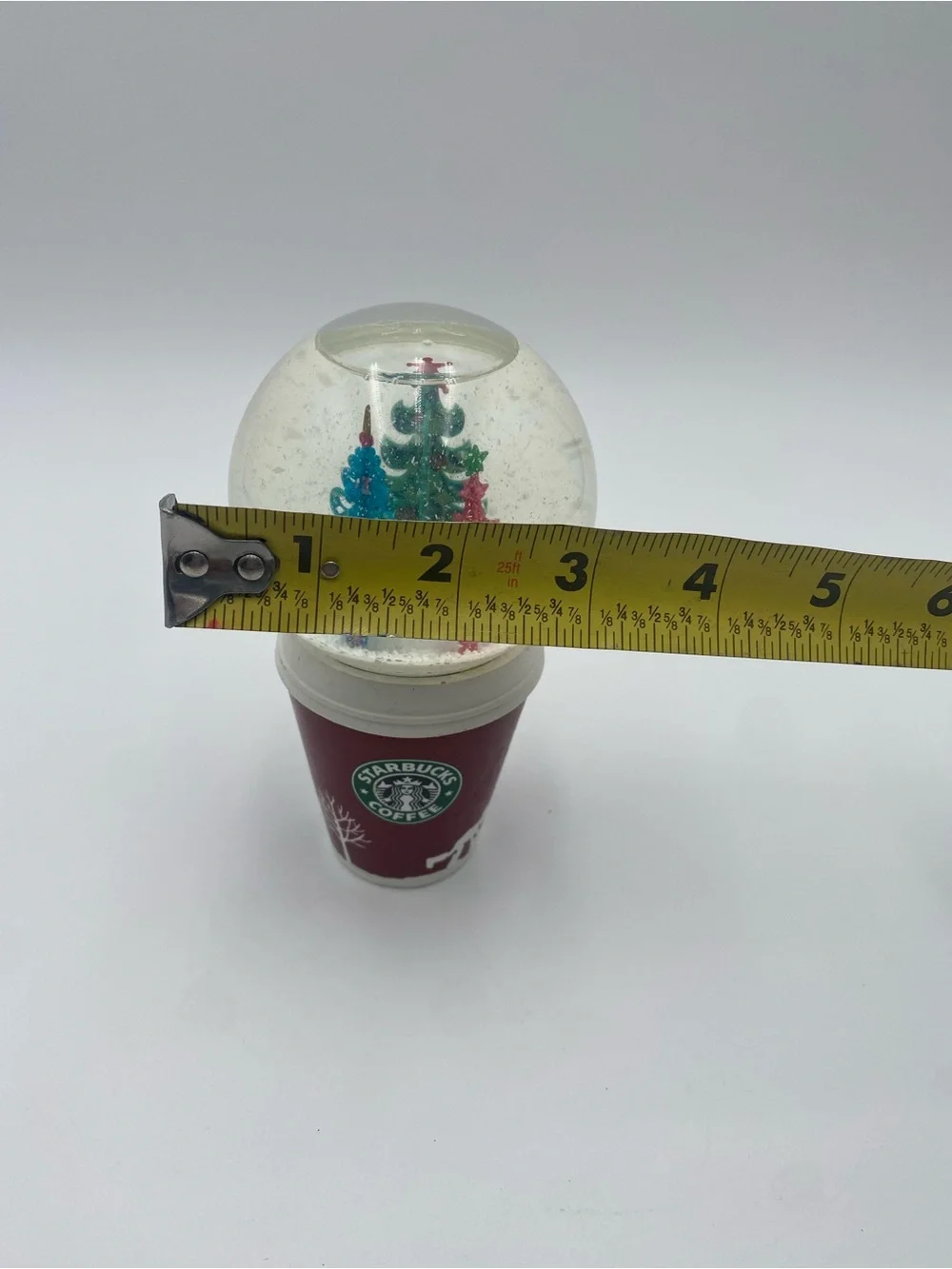 Starbucks Red Cup Snow Globe with Blue, Green, and Red Trees